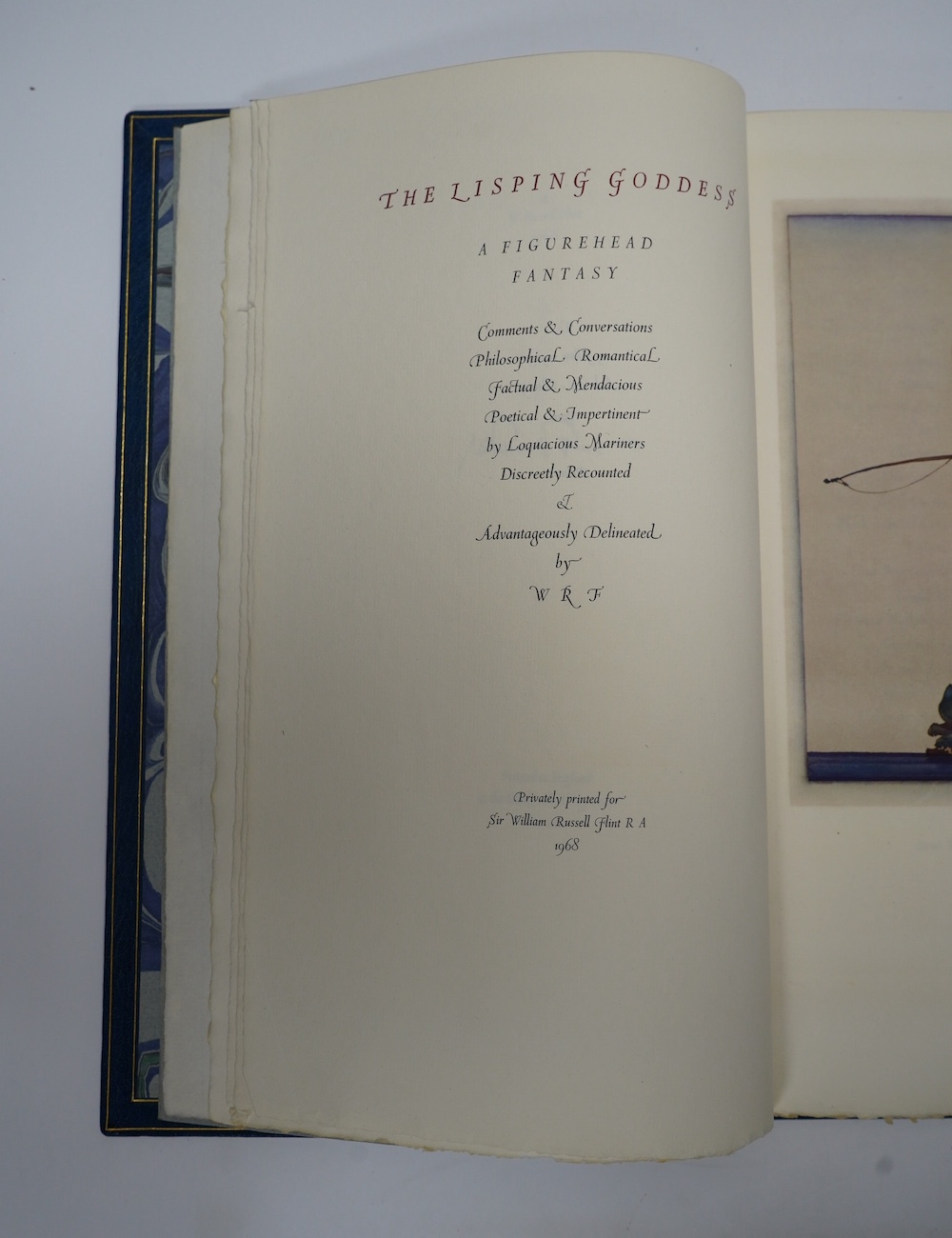 Flint, William Russell – The Lisping Goddess. A Figurehead Fantasy, limited edition, being number 13 of 25 bound by Sangorski & Sutcliffe from an edition of 275 signed by the artist, folio, 2 colour plates, black and whi